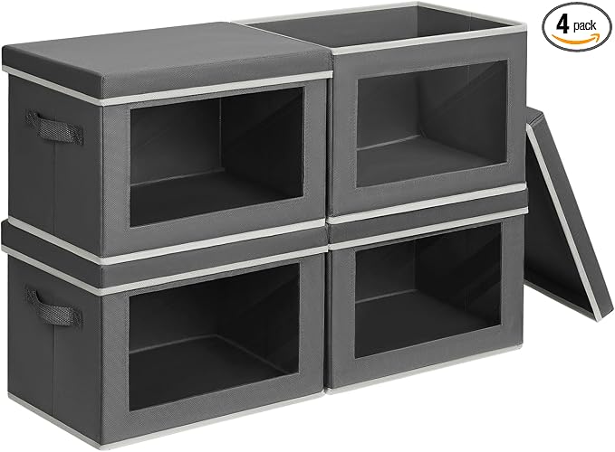 Homsorout Stackable Storage Bins with Lids - Medium Storage Box with Lids, Foldable Closet Boxes for Organizing, Wardrobe Clothes Organizer with Window, Cubes Bins for Living Room, 4 Pack, Dark Grey by Homsorout