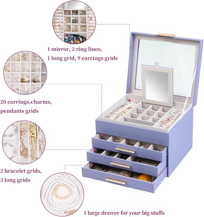 BOOVO Clear Lid Jewelry Box,4 Layers Jewelry Organizer Large Jewelry Storage Box with 3 Drawers,Jewelry Holder Organzier of Rings Earrings Necklace Bracelets for Women (Purple, 4 Layer) - Image 5
