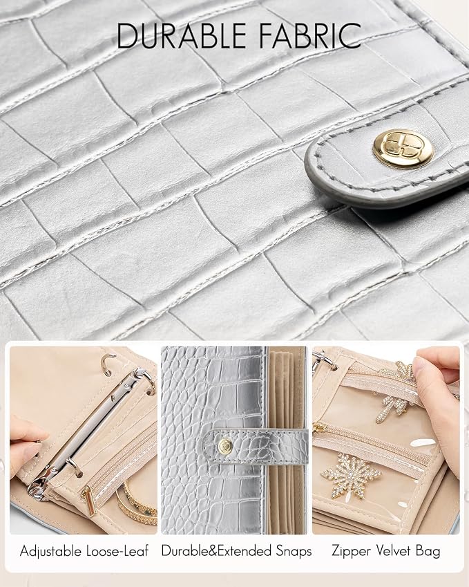 VLANDO Travel Jewelry Organizer Case,Travel Gifts for Women,Portable Jewelry Storage Book Ring Binder with Clear Zipper Velvet Jewelry Pouch Bag-Silver - Image 2