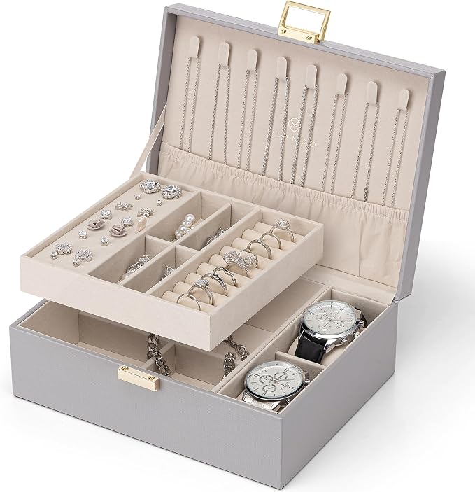 VLANDO 2 Layer Jewelry Box Large Jewelry Organizer for Women Removable Jewelery Tray with Watch Pillow for Necklace Earrings Rings Bracelets Gifts for Couples Mom Friends, Bridesmaid (Grey) by VLANDO