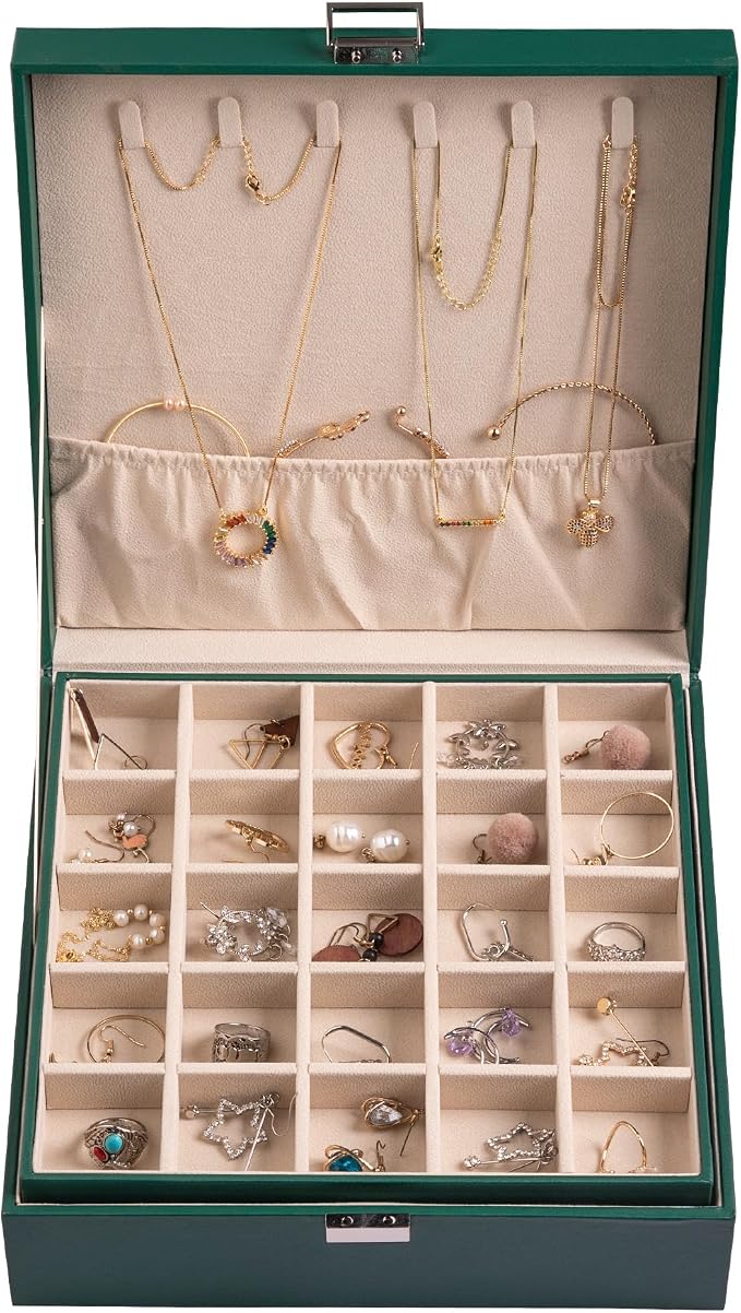 Frebeauty Earring Organizer Classic Jewelry Box 50 Slots Double Layer Jewelry Storage Case with 6 Necklace Hook and Bracelet Pocket(Blackish Green) - Image 2