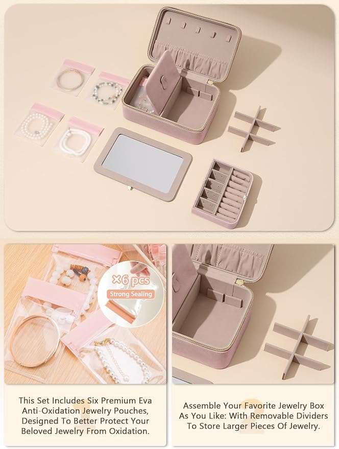 Velvet Travel Jewelry Box with Large Mirror, Double-Layer Jewelry Organizer Case for Women and Girls, Portable Storage Case with 6 Anti-Tarnish Bags Gift Ready for Her (Blush Pink) - Image 4