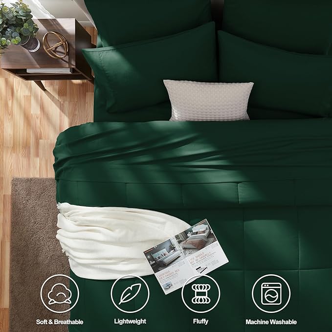 CozyLux Queen Comforter Set Emerald Green, 7 Pieces Bed in a Bag, Green Comforters Queen Size, All Season Bedding Sets with Stitch Quilted Comforter, Flat Sheet, Fitted Sheet, Pillowcases