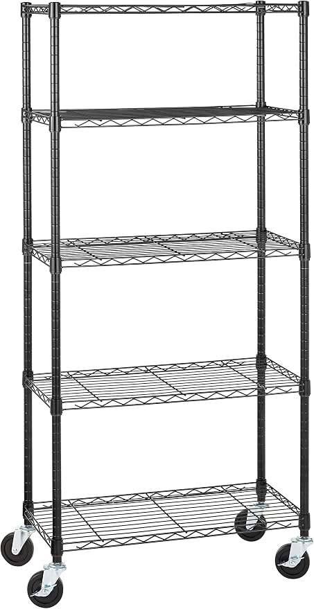 Amazon Basics 5-Shelf Heavy Duty Garage Shelving Storage Rack with 4" Wheel Casters, Adjustable Metal Wire Organizer, 300 lbs Per Shelf, 30" x 14" x 64.75", Black by AmazonBasics