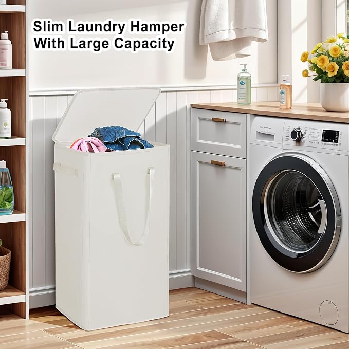 Odonata 75L Slim Laundry Hamper with Lid,Large Foldable Laundry Basket with Removable Bag and Handles Tall Collapsible Dirty Clothes Basket Great for Bedroom, Bathroom, Dorm, College,RV. (Beige, 75L) - Image 4