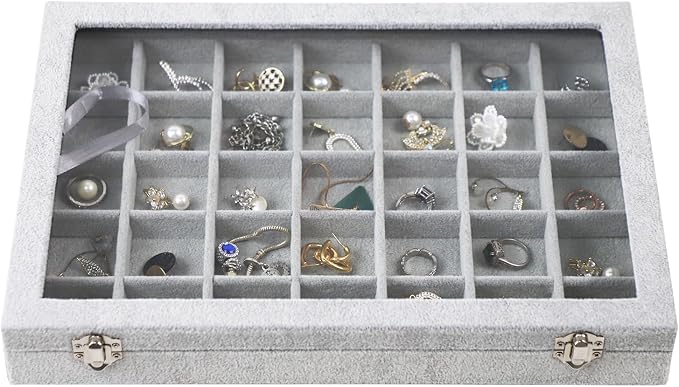 Jewelry Tray 35 Grid Velvet Jewelry Organizer with Clear Lid Transparent Earring Bracelet Organizer Holder Case with Clasp Drawer Insert for Rings Studs Gift for Women Girls - Image 3
