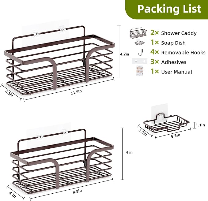 Yougai Shower Caddy, Shower Organizer with Soap Holder and Hooks, Rustproof Shower Shelves, No Drilling Bathroom Organizers and Storage, Wall-Mounted Kitchen & Home Decor (Brown) - Image 2