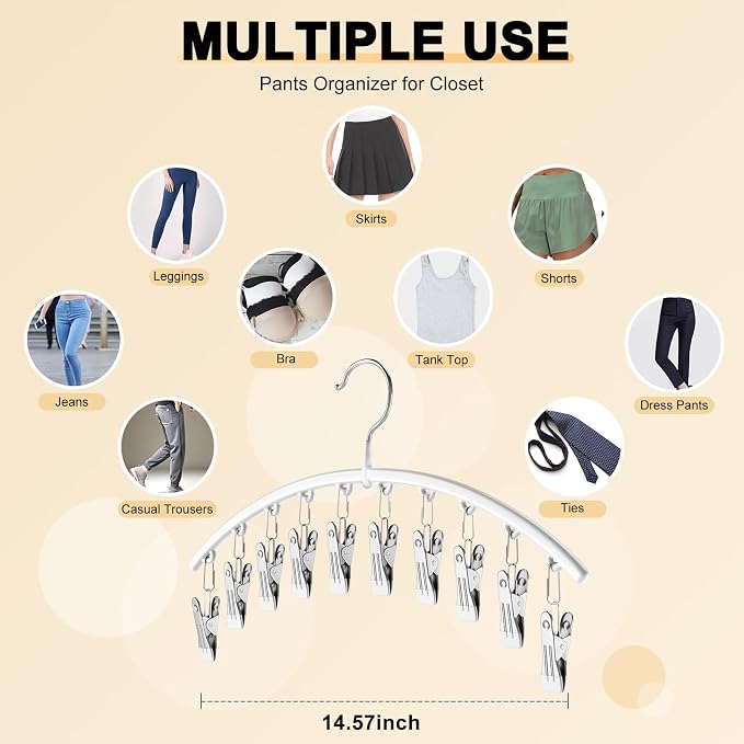 Legging Organizer for Closet, Metal Yoga Pants Hanger w/Rubber Coated 2 Pack w/10 Clips Hold 20 Leggings, Hangers Space Saving Hanging Closet Organizer for Closet Organizers and Storage-White - Image 5