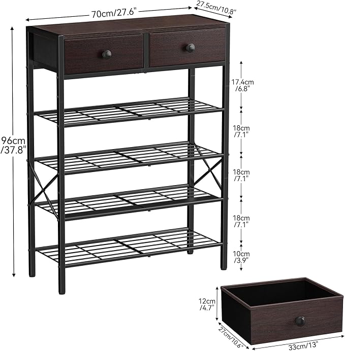 Shoe Rack for Entryway, 5 Tier Shoe Organizer with 2 Non-Woven Drawers, Metal Storage Shoe Shelf for 16-20 Pairs of Shoes, with Wooden Top and Steel Frame, Shoe Stand for Closet Dark Brown - Image 3