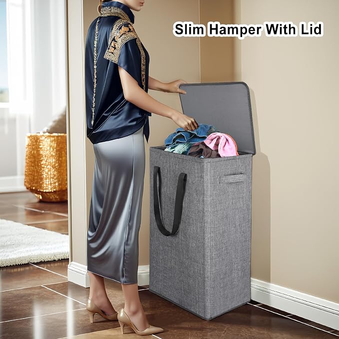 Odonata 75L Slim Laundry Hamper with Lid,Large Foldable Laundry Basket with Removable Bag and Handles Tall Collapsible Dirty Clothes Basket Great for Bedroom, Bathroom, Dorm, College,RV. (Grey, 75L) - Image 6
