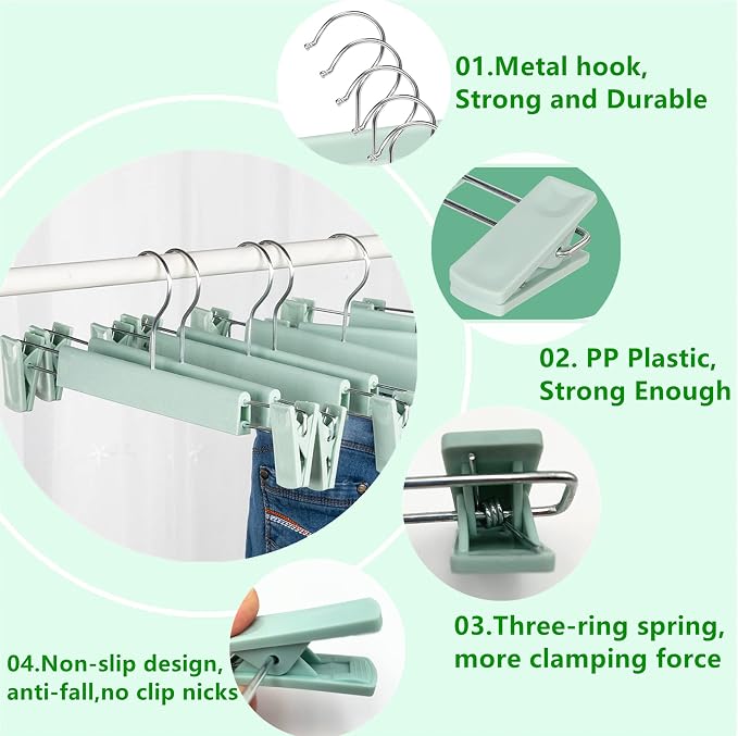 10 Pack Skirt Hangers，Pants Hangers with Clips，360 ° Swivel Hooks Space Saving Hangers for Pants, Skirts, Clothes, Jeans，Light Green - Image 4