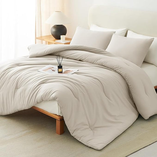 CozyLux Oversized Queen Comforter Set Beige, 3 Pieces 98x98 Solid Breathable Quilted Bedding Sets for All Season, Luxury Soft Lightweight Bed Set with Down Alternative Comforter and 2 Pillowcases