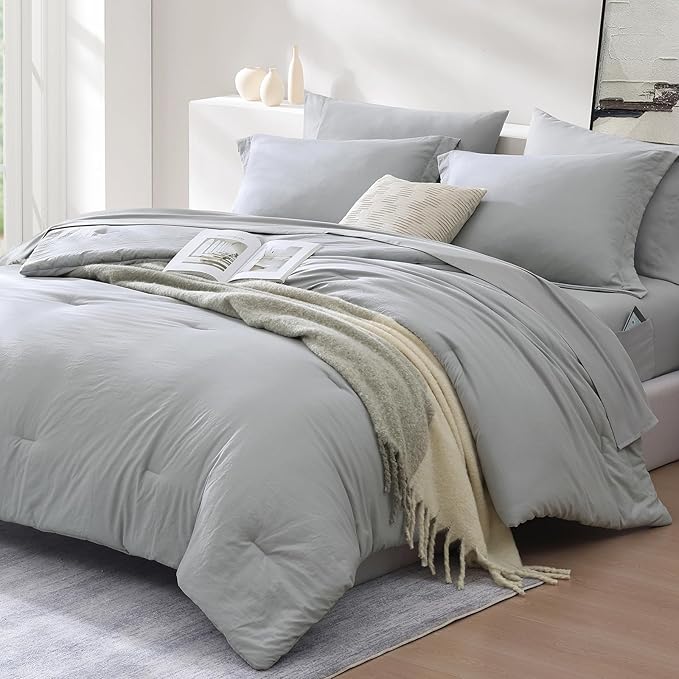 WRENSONGE Light Grey King Comforter Set, 7 Pieces Soft Microfiber King Size Comforter with Fitted Sheet, Flat Sheet, 2 Pillow Shams, and 2 Pillowcases- Warm King Bedding Set for All Season