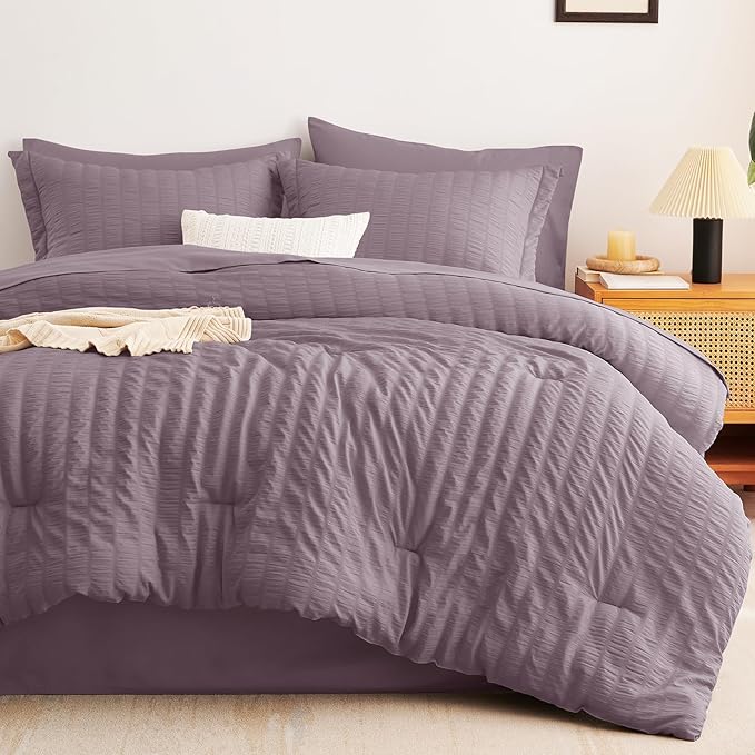 CozyLux Queen Comforter Set Dusty Purple Seersucker 7 Pieces Bed in a Bag Queen Comforter Set with Sheets, Grayish Purple Luxury Bedding Sets Down Alternative Comforter, Sheets, Pillowcases & Shams