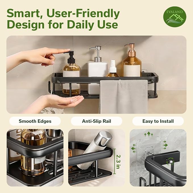 EVALAND Shower Caddy Adhesive 2-Pack with Hooks and Rod for Towels, Black – Premium Bathroom Shower Shelves, Shampoo Organizer, Bathtub Shelf, Rustproof, Easy Installation, Sturdy Modern Look - Image 3