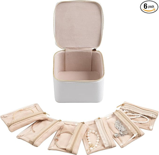 Frebeauty Small Travel Jewelry Box,Travel Jewelry Case with 6 Pouch Bags,Portable Travel Jewelry Organizer,Mini Jewelry Storage,3.35 x 4.9 x 4.8 Inches,Gift Idea for Women Girls (White) by Frebeauty