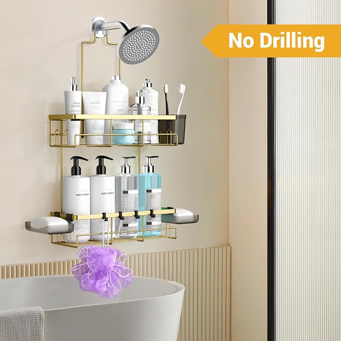 AKTECKE Shower Caddy Hanging Bathroom Organizer: Rustproof Shelf for Inside Shower - No Drilling Racks Over Showerhead - Bath Shelves for Shampoo Soap Gold - Image 5