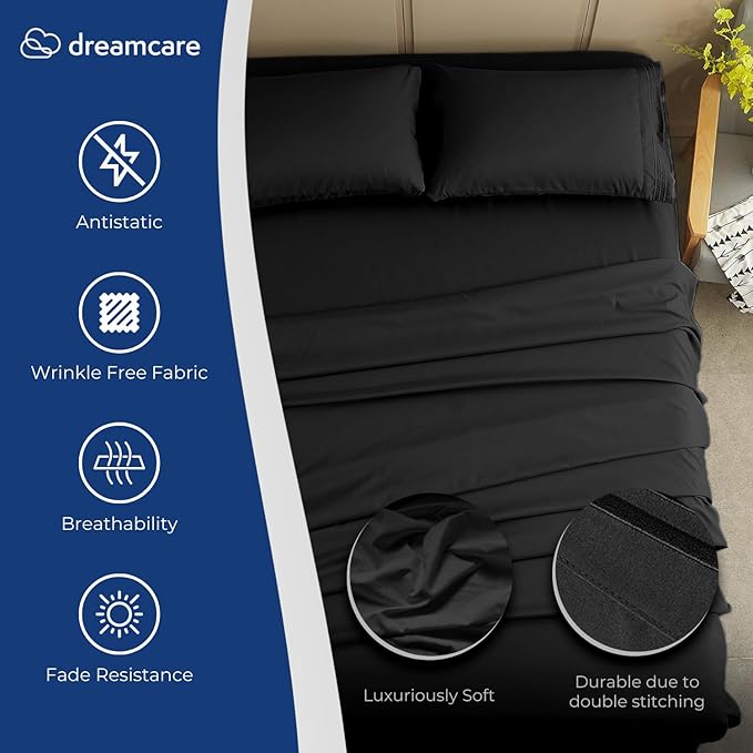 DREAMCARE Twin XL Sheet Sets - 4 pcs Breathable Cooling Bed Sheets - up to 15" Deep Pocket Twin XL Sheets Set with Side Pockets - Extra Soft 100% Brushed Hypoallergenic Hotel Luxury Bedding - Black