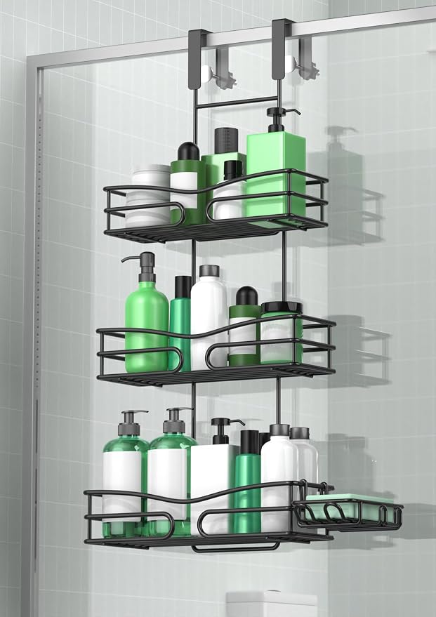 DAOYA Over the Door Shower Caddy Hanging, 3 Tier Adjustable Shower Organizer with Soap Holder, Rustproof Bathroom Shelves Hanging on the Bathroom Glass Door, Matte Black by DAOYA