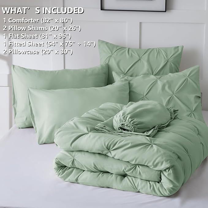 CozyLux Full Size Comforter Sets Sage Green, 7 Pieces Pintuck Bed in A Bag Green Comforter Full Size, Pinch Pleat Bedding Sets with All Season Comforter, Sheets, Pillowcases & Shams