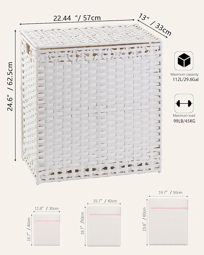 SETVSON Laundry Hamper with Lid Wicker Laundry Basket 112 L (29.6 Gal) Laundry Hampers Handwoven Rattan Clothes Hamper with Handles 3 Removable Liner Bag, 6 Mesh Bags for Bathroom Bedroom White - Image 5