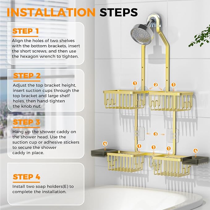 REINHARDT Aluminum Shower Caddy Hanging Adjustable Shower Caddy, Rustproof Hanging Shower Organizer with Hooks Soap Holders, Over Shower Head Caddy for Handheld Showerhead, Gold - Image 8