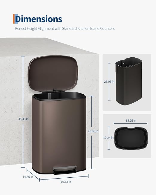 Garvee 13 gal (50 L) and 2.6 gal (10 L) Metal Trash Can Combo Set, Rustproof Garbage Can with Lid, Step-on Trash Bin with Inner Bucket, Rear Handle, Brown - Image 5