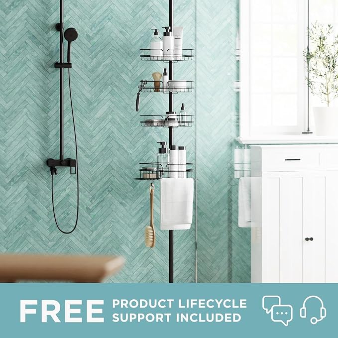 Zenna Home Tension Pole Shower Caddy Corner Organizer, Adjustable Standing Shower Caddy with 4 Baskets and Built in Towel Bar, Rust Resistant Bathroom Tension Rod Organizer, 60 to 97 Inch, Bronze - Image 2