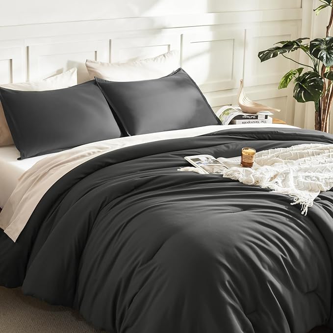 Litanika Dark Grey Comforter Set California King Size, 3 Pieces Cal King Gray Lightweight Plain Bedding Comforter Set, Oversized All Season Fluffy Bed Set (104x96In Comforter & 2 Pillowcases)