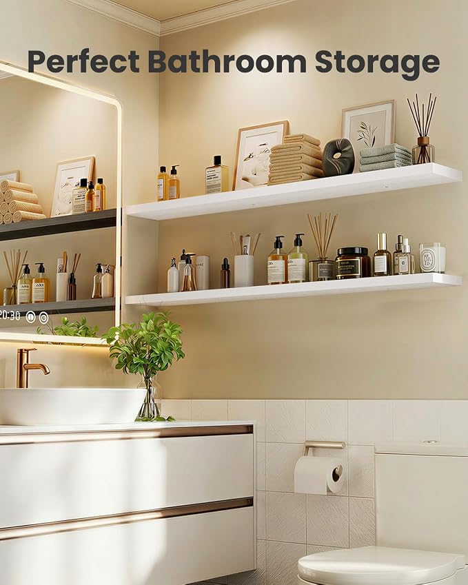 AMADA HOMEFURNISHING 47.2" L Floating Shelves, Wall Shelves Set of 3 for Bathroom/Living Room/Bedroom/Kitchen, White Floating Shelves for Wall Decor with Invisible Brackets - AMFS55W - Image 6