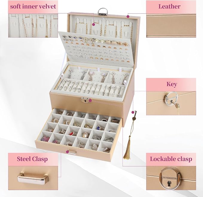 BOOVO Earring Jewelry Box For Women Girl Stud Organizer, 5 Layers Girl Jewelry Organizer Box With Lock Earring Holder Organizer Necklace Ring Jewelry Organizer Box For Girls (Champagne) - Image 3