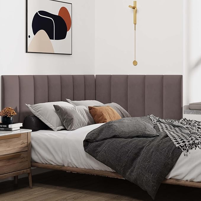 IFNOW Wall Mounted Upholstered Headboard Queen, 3D Peel and Stick Soundproof Panels, Reusable and Removable Padded Leather Bed Headboard, 9 Panels 9.84" x 23.62", Dark Skin