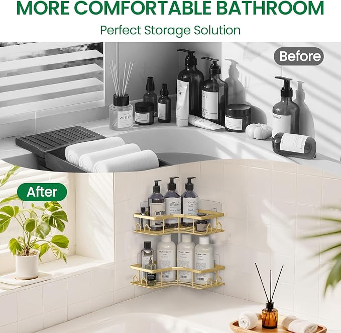 Adhesive Shower Caddy, 2 Pack Corner Bath Organizer, Rustproof Stainless Steel Shower Shelves with Large Capacity, No Drilling Shelves for Bathroom Storage, Home, Kitchen Decor (Gold). - Image 5