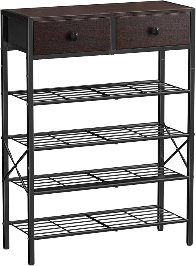 Shoe Rack for Entryway, 5 Tier Shoe Organizer with 2 Non-Woven Drawers, Metal Storage Shoe Shelf for 16-20 Pairs of Shoes, with Wooden Top and Steel Frame, Shoe Stand for Closet Dark Brown by UNITSTAGE