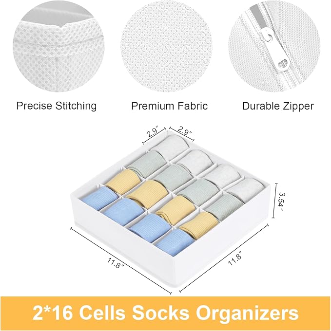 Joyoldelf Sock Drawer Organizer Divider, 16-Cell Underwear Organizers and Storage Fabric Drawer Organizer for Socks, Lingerie, Handkerchiefs, Ties Black, 2 Packs (White) - Image 2