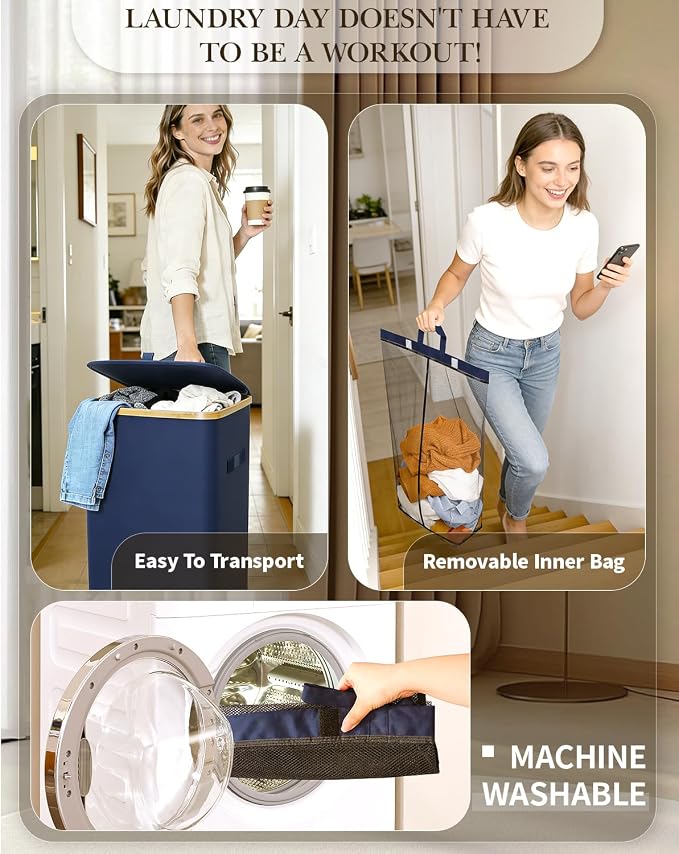 Laundry Hamper with Wheels, 75L Large Clothes Hamper with Removable Inner Bag, Collapsible Dirty Clothes Basket for Dorm, Rolling Dirty Clothes Basket for, Bedroom, Bathroom, Laundry Room - Image 4