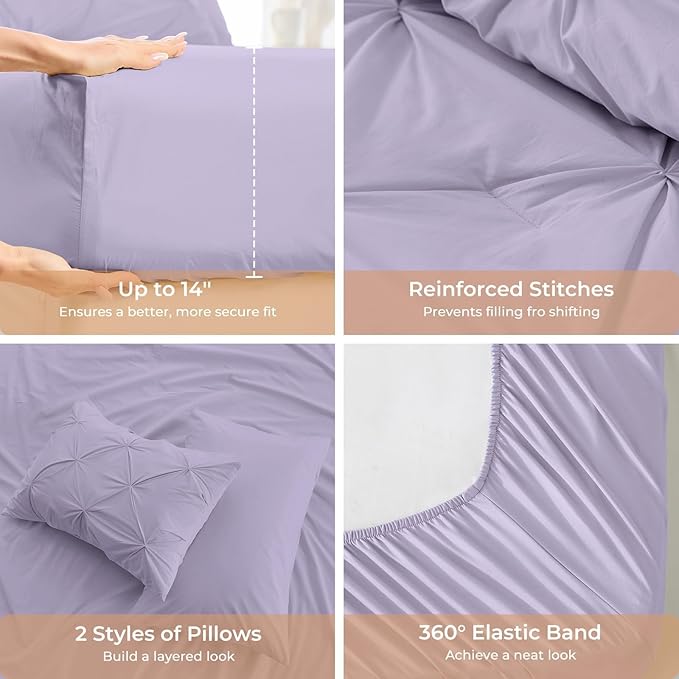 Sasttie Queen Comforter Set, 7-Piece Bed in a Bag, Pintuck Bedding Sets for All Season, Includes Comforter, Flat Sheet, Fitted Sheet, Pillowcases and Pillowshams, Lavender