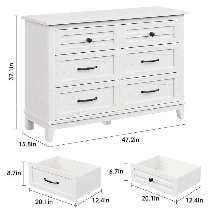 GarveeHome 6 Dresser for Bedroom, 47 in Wide Drawer Dresser with Storage Freestanding, Wooden Closet Storage Chest for Living Room, Bedroom, Entryway, Ash White