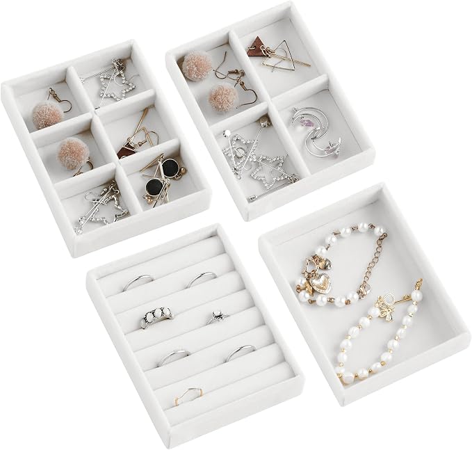 Frebeauty Small Jewelry Tray Set,Stackable Velvet Jewelry Organizer Tray,Mini Jewelry Drawer Organizer,Drawer Inserts,4.92 x 3.74 x 0.9 Inches,Earring Organizer for Women(Set 4,White) by Frebeauty