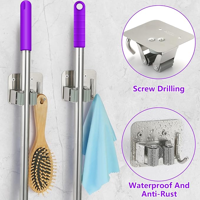 Broom Holder Wall Mount Screw Drilling, Sturdy Heavy Duty Stainless Steel Mop Gripper Rack Perforated, Perfect for Laundry Room Organizer, Fit with Laundry Kitchen Garage Garden Storage System - Image 4