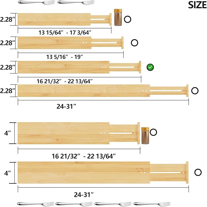 BAMEOS Drawer Dividers kitchen Organization Bamboo Utensil Organizers for Kitchen Bedroom Bathroom Dresser Office 4-pack - Image 2