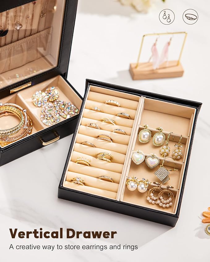 Homde Mothers Day Gifts Jewelry Organizer Girls Women Jewelry Box for Necklaces Rings Earrings Gift Bracelets Storage Case (Black + Gold) - Image 6