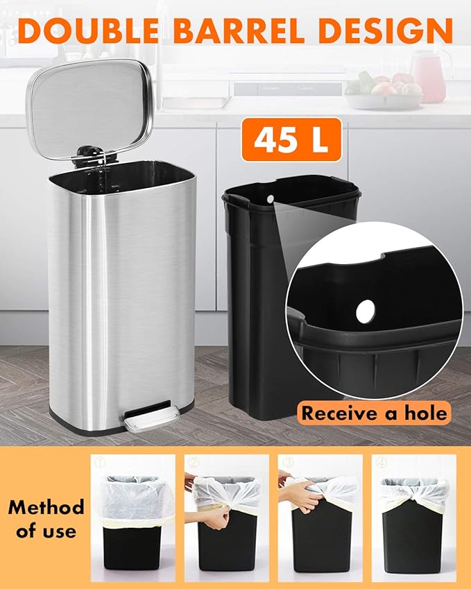 FDW | 8 Gallon Trash Can with Lid | Stainless Steel | Fingerprint Proof | Made of Stainless Steel | Soft-Close Step Pedal | Hands-Free Use | Easy to Clean | for Kitchen, Office, Bathroom - Image 3