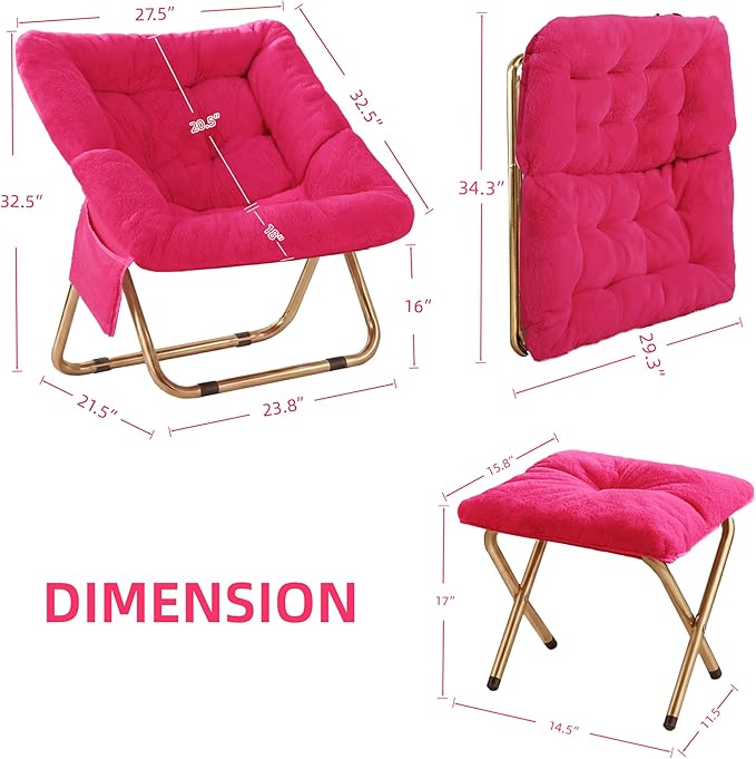 Kasunpul Comfy Saucer Chair, Foldable Living Room Chairs, Soft Faux Fur Lounge Chair for Bedroom, Reading Chairs for Adults, Teens, X-Large (Hot Pink)
