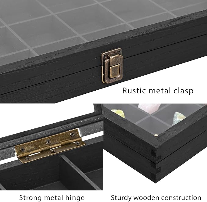 MOOCA Wooden Jewelry Display Case with Tempered Glass Lid & 18 Compartments Tray, Rock Collection Box, Crystal Display Case, Black Color - Image 5
