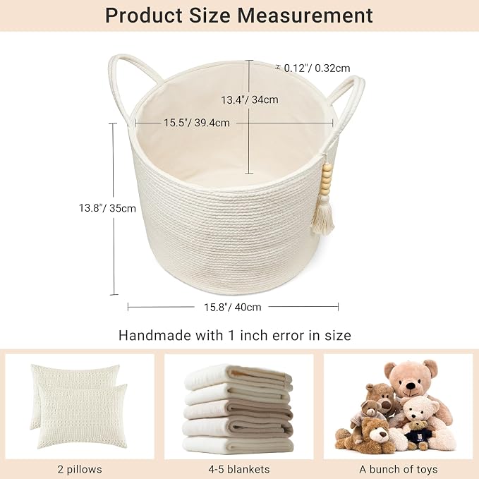 Mkono Woven Storage Basket Decorative Natural Rope Basket Wooden Bead Decoration for Blankets,Toys,Clothes,Shoes,Plant Organizer Bin with Handles Living Room Home Decor, White, 16" W × 13.8"L - Image 5