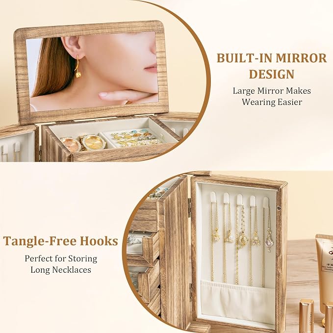 Large Jewelry Box & Organizer for Women, Wooden Jewelry Storage with 4 Transparent Drawers, Holds Necklaces, Rings, Bracelets, Earrings and Watches(Brown) - Image 5