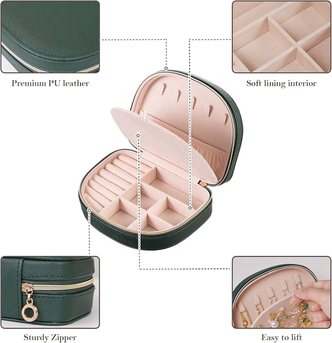 ProCase Travel Size Jewelry Box, Medium Portable Seashell-Shaped Jewelry Case, 2 Layer Jewelry Organizer in PU Leather for Women -Emerald - Image 5