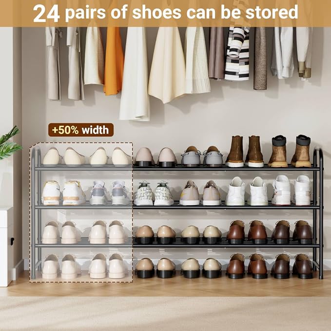 KEETDY 3-Tier Long Shoe Rack for Closet Metal Shoe Organizer for Entryway, Wide Stackable Shoe Storage Shelf with Sturdy Wire Grid for Closet Floor, Bedroom, Black - Image 2