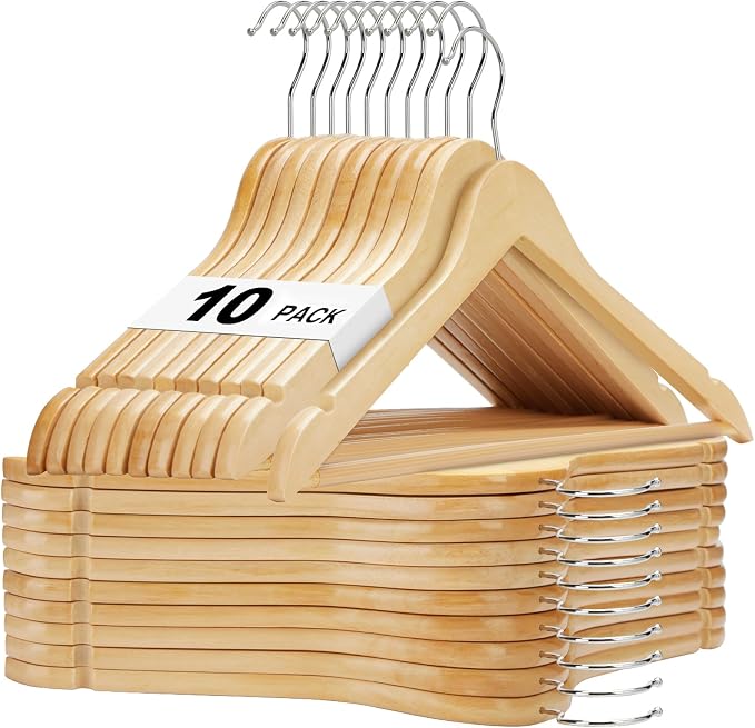 HOUSE DAY Wooden Hangers 10 Pack, Solid Wood Hanger with Non Slip Pant Bar, Heavy Duty Wooden Coat Hanger for Closet, Smooth Finish Wood Clothes Hangers for Shirts, Suits, Jackets, Dress, Natural by HOUSEDAY